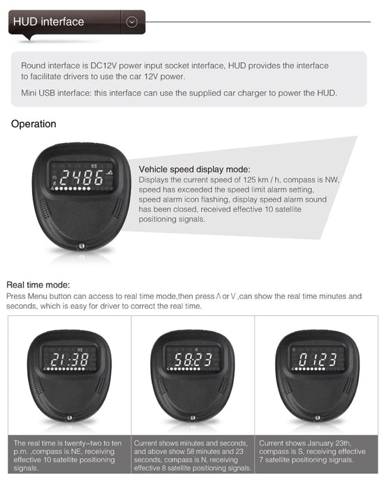2.0 Inch Car Gps Hud Head Up Display Speed Altitude & Alarm Auto Sleep Satellite Signal