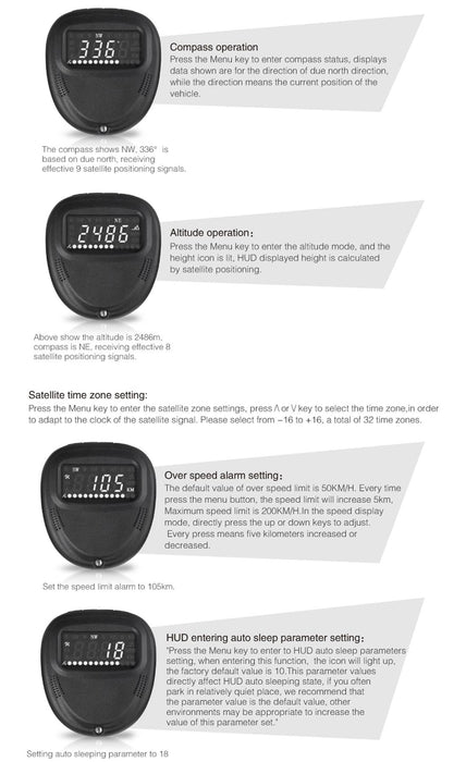 2.0 Inch Car Gps Hud Head Up Display Speed Altitude & Alarm Auto Sleep Satellite Signal