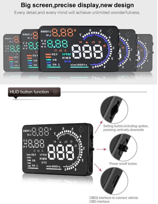 Car Obdii Hud Warning System 5.5 Inch Display Fuel Consumption Speed Alarm Water Temp Fault Diagnosis