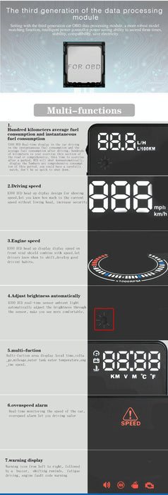 5.5 Inch Car Obdii / Euobd Hud Display Speed Fuel Alarm Black