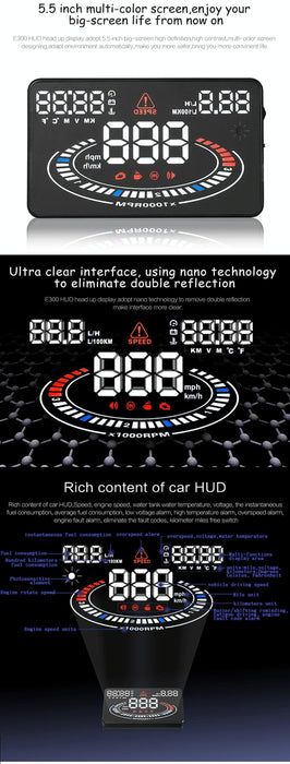 5.5 Inch Car Obdii / Euobd Hud Display Speed Fuel Alarm Black
