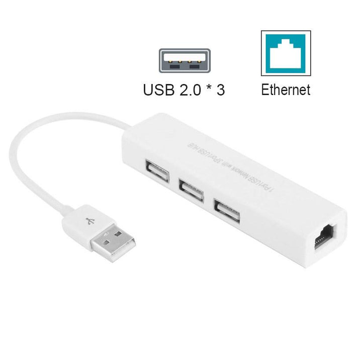 3-Port Usb Hub With Ethernet Adapter White