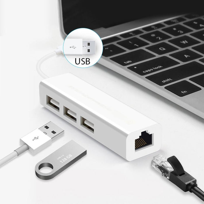 3-Port Usb Hub With Ethernet Adapter White