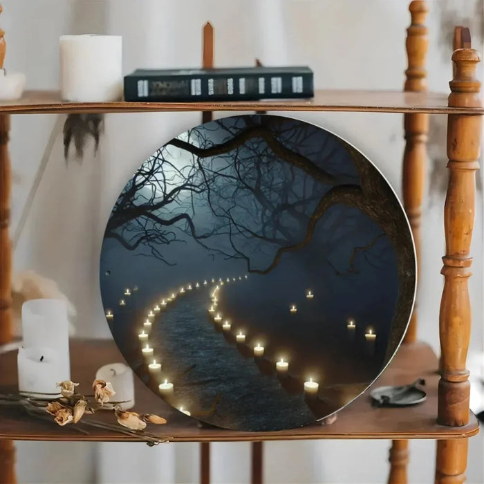 2D Printed Spooky Forest & Pumpkin Round Sign Home Bar Windows Garden
