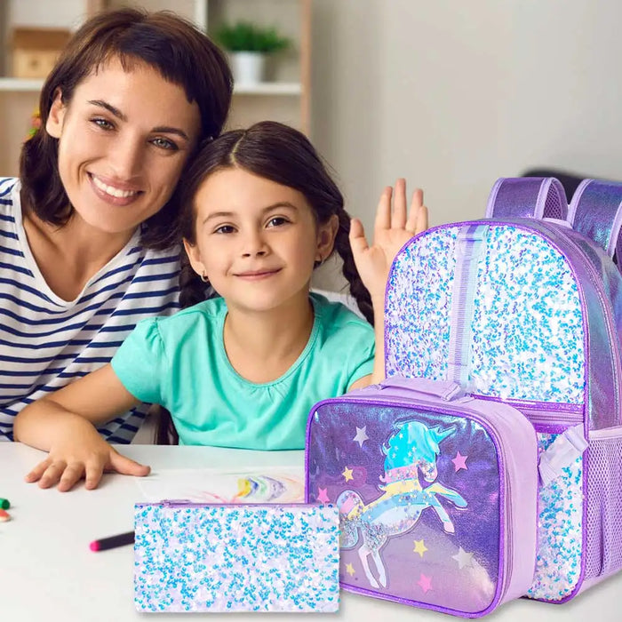 3 Piece Unicorn Backpack Set 16 Sequin Bookbag Lunch Box For Girls