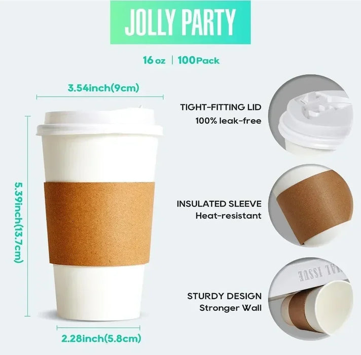 50 Pack 8 / 16Oz Eco Friendly Disposable Coffee Cups With Lids & Sleeves For Hot / Cold Drinks