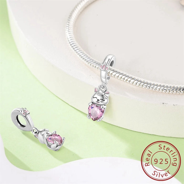 925 Sterling Silver Pink Cat Charm Pendant For Women Bracelet Diy Gift