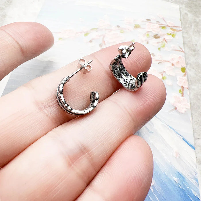 925 Sterling Silver Vintage Feather Hinged Hoop Earrings