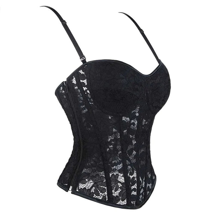 Adjustable Fishbones Spaghetti Strap Corset With Floral Lace Overlay Plus Size Xs-Xxxl
