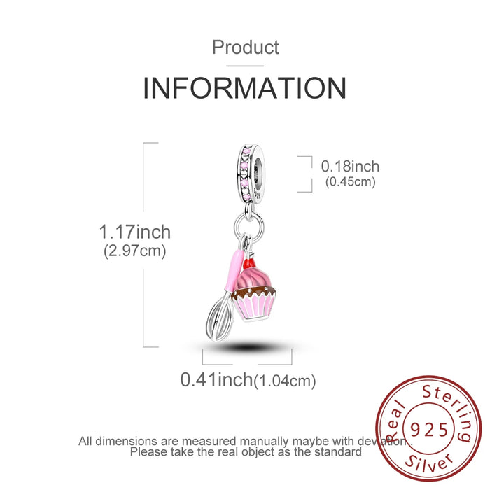 925 Sterling Silver Pink Egg Beater & Cake Pendant Charm Fits Bracelet Diy Gift