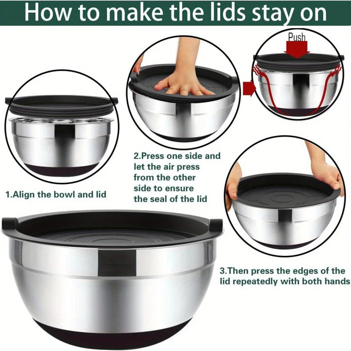 6 Piece Stainless Steel Mixing Bowls With Airtight Lids Non Slip Bottoms