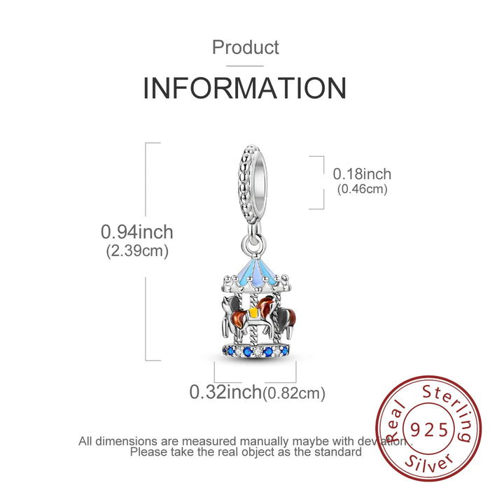 925 Sterling Silver Blue Carousel Pendant Charm Fits Necklace Or Bracelet Diy Gift For Women