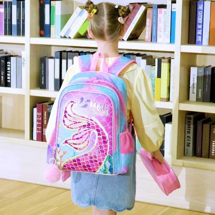 3 Piece Mermaid Backpack Set For Girls 16 Inch Preschool Bookbag Lunch Box