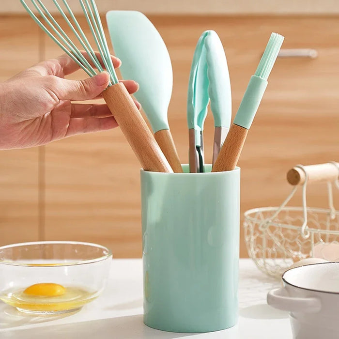 12 Piece Non Stick Silicone Kitchen Utensil Set With Wooden Handles