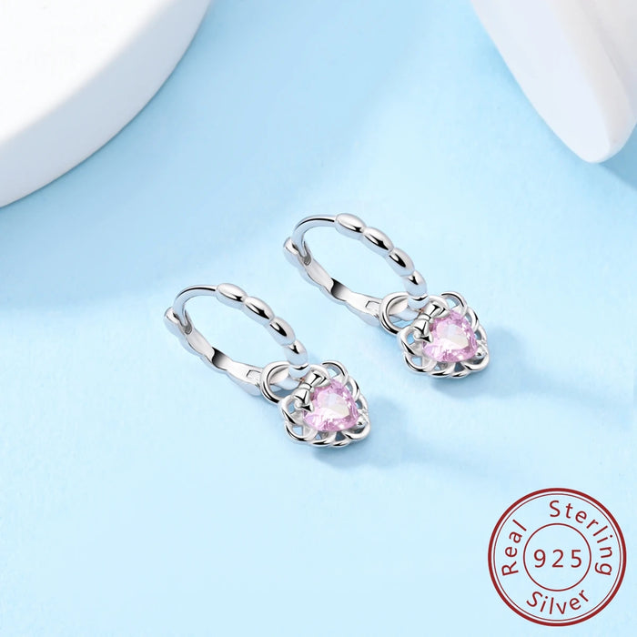 925 Sterling Silver Love Earrings With Pink Zircon For Women Wedding Party Gift
