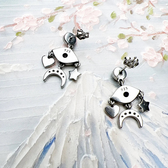 925 Sterling Silver Stylised Eye Moon Star Heart Earrings Feminine Talismans