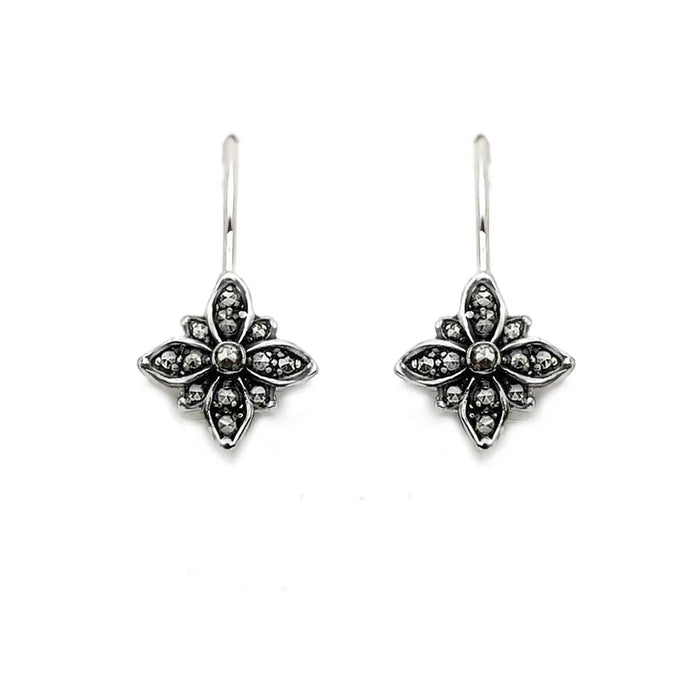 925 Sterling Silver Flower Star Drop Earrings Marcasite Zirconia For Women