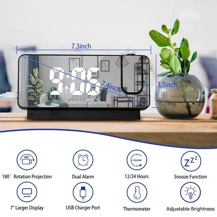 Digital Projection Alarm Clock Rechargeable 180 Degree Rotation Large Led Display