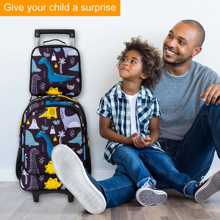 3 Piece Kids Rolling Backpack Set With Dinosaur Design