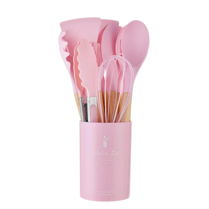 12 Piece Non Stick Silicone Kitchen Utensil Set With Wooden Handles