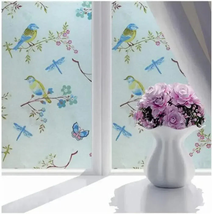 Frosted Glass Film For Home Bathroom Office - Static Cling Non-Adhesive Stained Glass Window Stickers With Bird Design