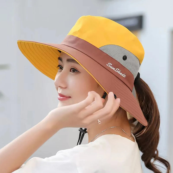 Quick Drying Large Brim Bucket Hat For Women Sun Protection & Ponytail Opening Outdoor Fishermen Cap