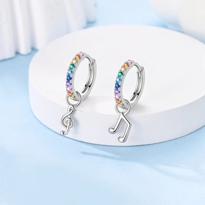 925 Sterling Silver Music Note Earrings Zircon Love Lock Hoops For Women