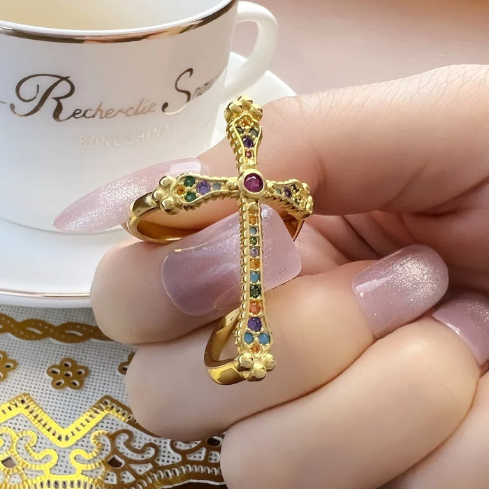 925 Sterling Silver Victorian Cross Ring Colourful Royalty