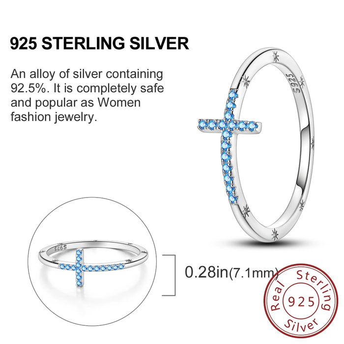 925 Sterling Silver Sea Blue Cross Ring Fashionable & Elegant For Women Parties Weddings & Anniversaries
