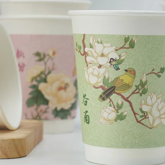 16 / 32 Piece Insulated Floral Paper Cups With Lids 8 / 12Oz