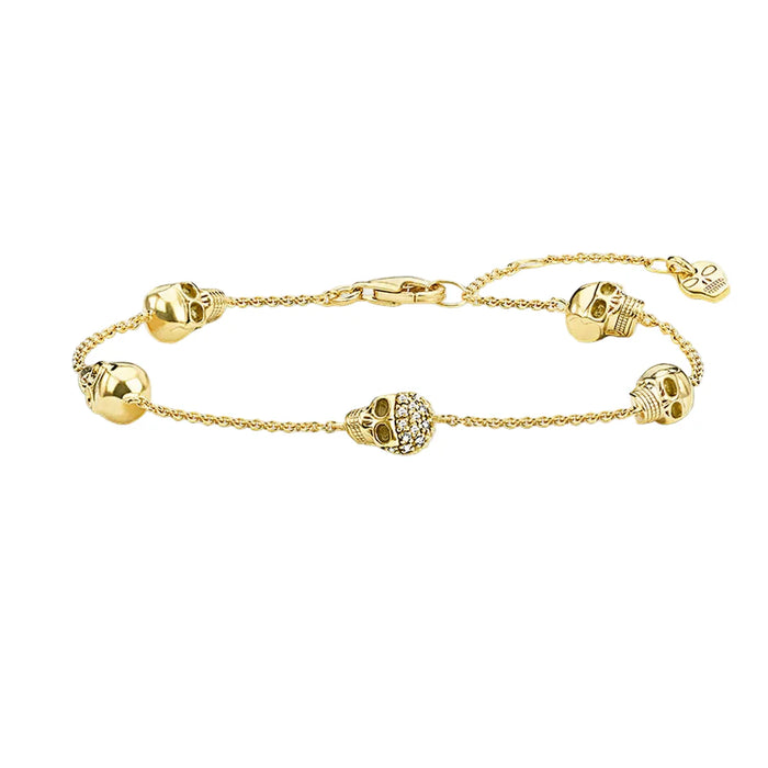 925 Sterling Silver 5 Skulls Gold Bracelet Chain For Women