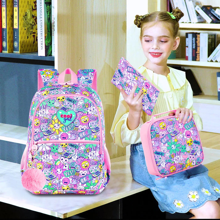 3 Piece Girls Backpack Set With Lunch Box 16.5 Inch Smile Face Waterproof