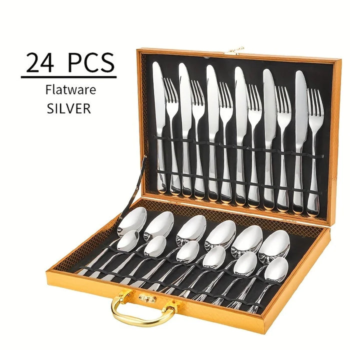 24 Piece Elegant Stainless Steel Flatware Set Black Classic Design Mirror Polish Dishwasher Safe