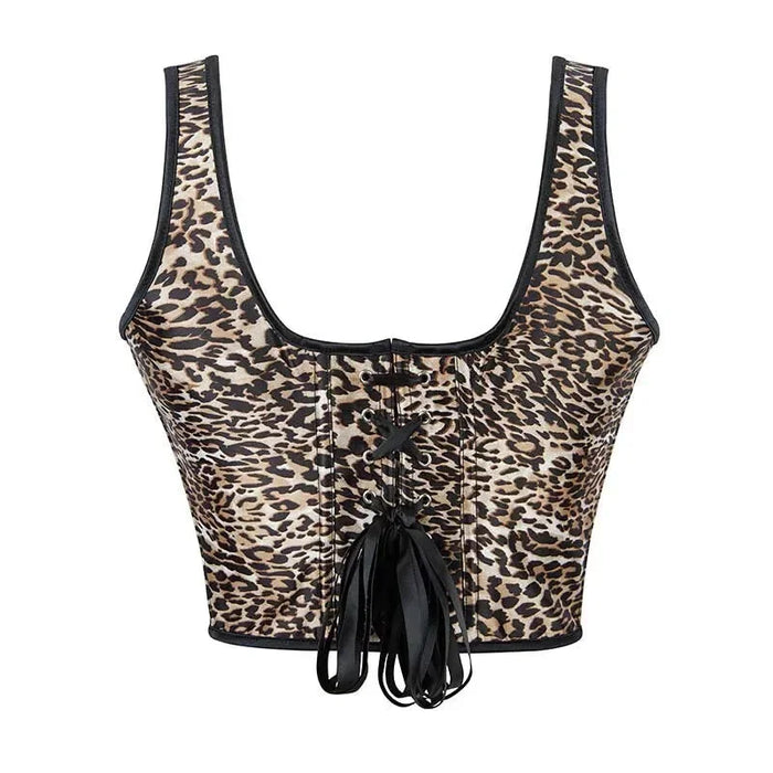 Leopard Print Steam Punk Vest With Front Hook Clip And Thick Straps Women Cropped Corset Bustier