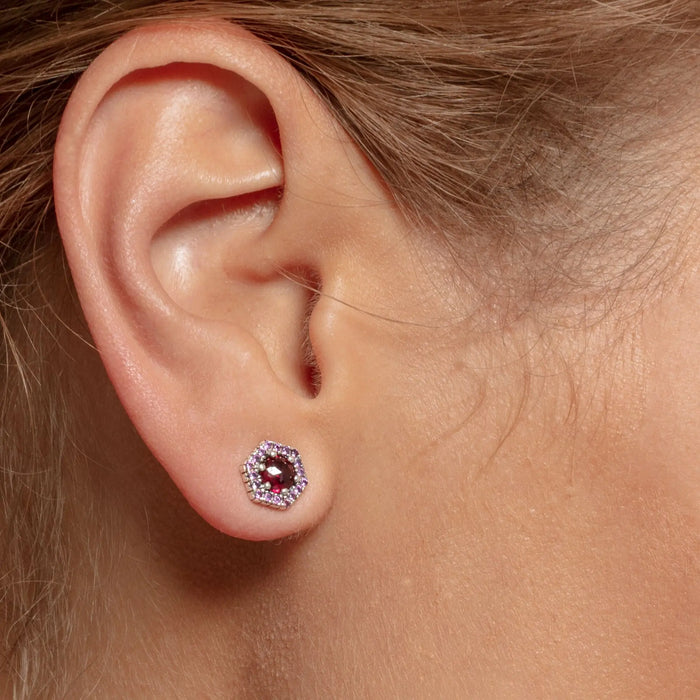 925 Sterling Silver Red Hexagon Stud Earrings Handcrafted Boho Gift