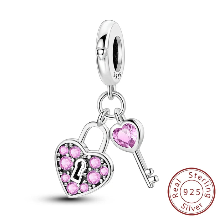 925 Sterling Silver Keys & Lock Pendant Charms Fits Bracelet Diy Gifts