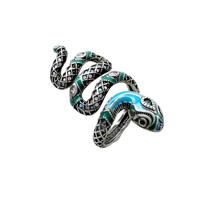 925 Sterling Silver Boho Blue Snake Pave Open Ring