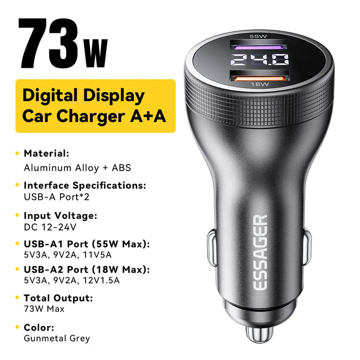 100W Usb C Car Charger Pd3.0 Fast Charging Quick Charge 4.0 Adapter For Iphone 16 Macbook Xiaomi Laptop Digital Dispaly