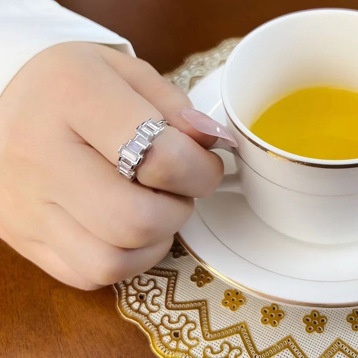 925 Sterling Silver Baguette Cut White Stone Ring European Style Fine Jewelry For Women