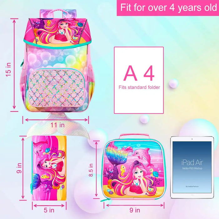 3 Piece Mermaid Backpack Set For Girls 15 Inch Sequin Bookbag With Lunch Box