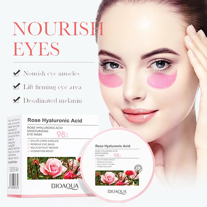 60 Piece Bioaqua Rose Hyaluronic Acid Eye Mask Anti Dark Circles & Bags Moisturizing & Anti Aging Patches For Eyes