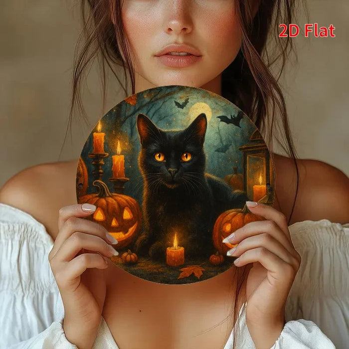 Retro Round Iron Sign Spooky Black Cat & Pumpkin Lantern For Bedroom Or Dining Room