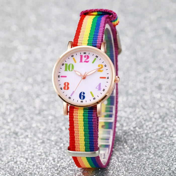 Colourful Rainbow Canvas Strap Mens Watch Set