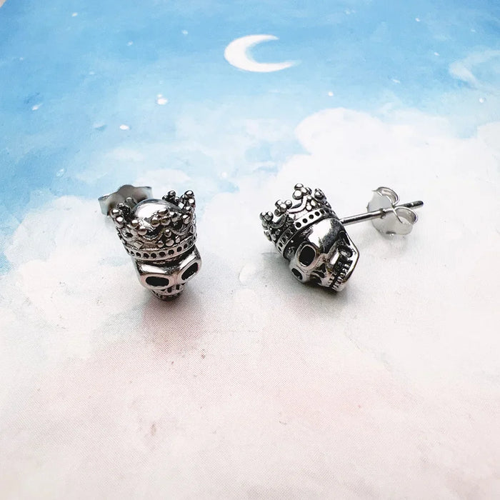 925 Sterling Silver Vintage Skull King Stud Earrings