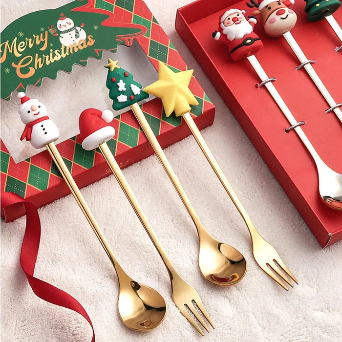 Christmas Cutlery Set 4 / 6 Piece Elk Tree Snowman Design Spoons Forks Tableware Gift