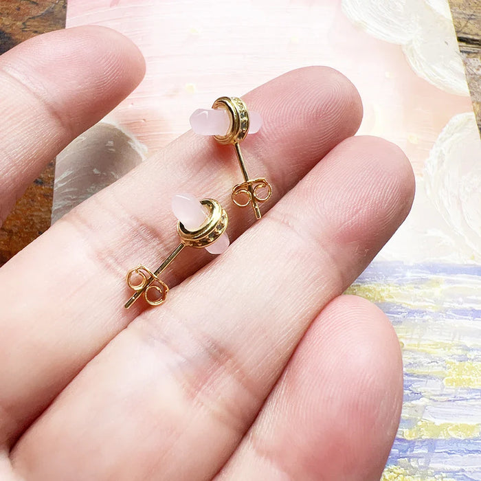 925 Sterling Silver Gold Plated Hexagonal Rose Stone Stud Earrings For Women