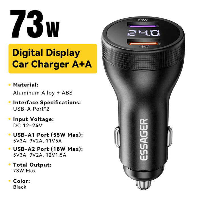 73W Usb C Car Charger Quick Charge 4.0 Pd3.0 Fast Charging Adapter For Iphone16 15 Macbook Xiaomi Laptop Digital Dispaly