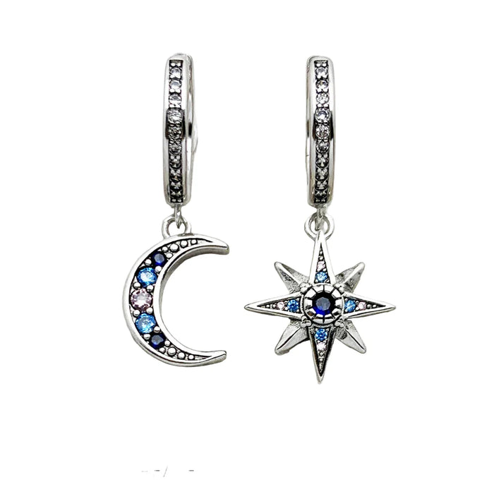 925 Sterling Silver Boho Star & Moon Hinged Hoop Earrings In