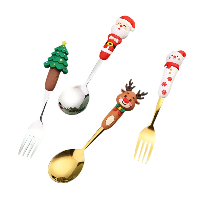 4 Piece Christmas Cutlery Set Stainless Steel Spoon & Fork With Cartoon Doll Design