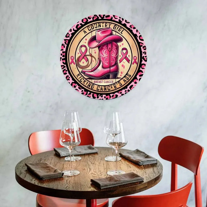 Breast Cancer Awareness Sign Country Girl Kickin' Cancer Pink Cowboy Boot & Hat